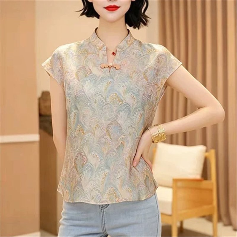 Live-Stream Hot-Selling New Chinese-Style V-Neck Short-Sleeve T-Shirt Women's Shirt 2026 Summer Short Top Live-Stream Hot-Selling New Chinese-Style V-Neck Short-Sleeve T-Shirt Women's Shirt 2026 Summer Short Top