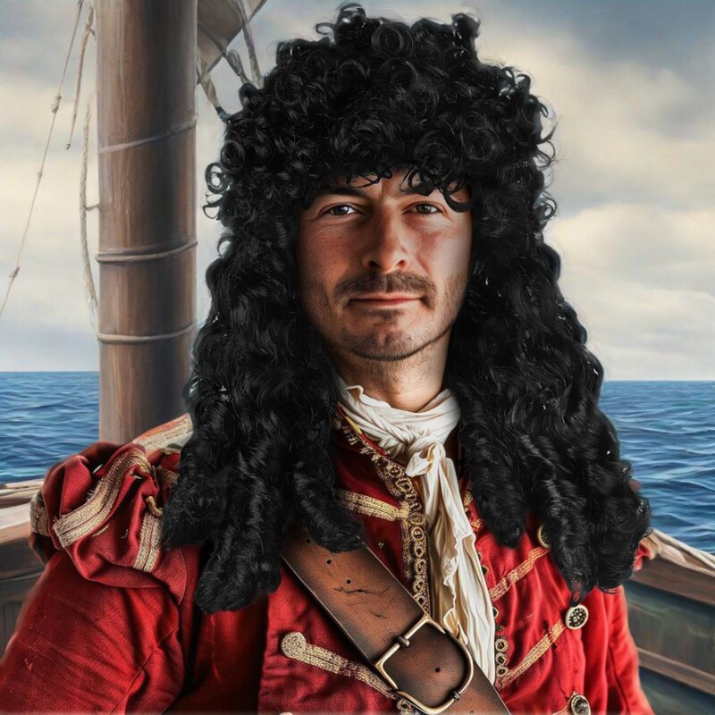 European and American Pirate Captain Cos Men's Long Curly Wig Black Halloween Punk Rock Cosplay Headgear