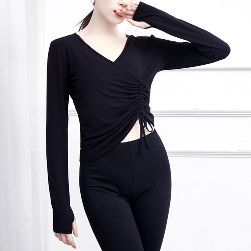 Dance practice clothes for women, modern classical jazz yoga body-slim tops with finger drawstrings, long sleeves, art exams for adults