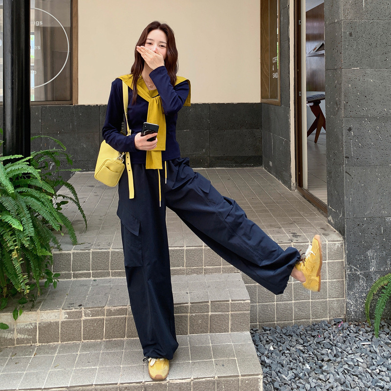 藏青色甜酷风休闲T恤上衣工装裤套装两件套女2025早春秋又a又飒|undefined