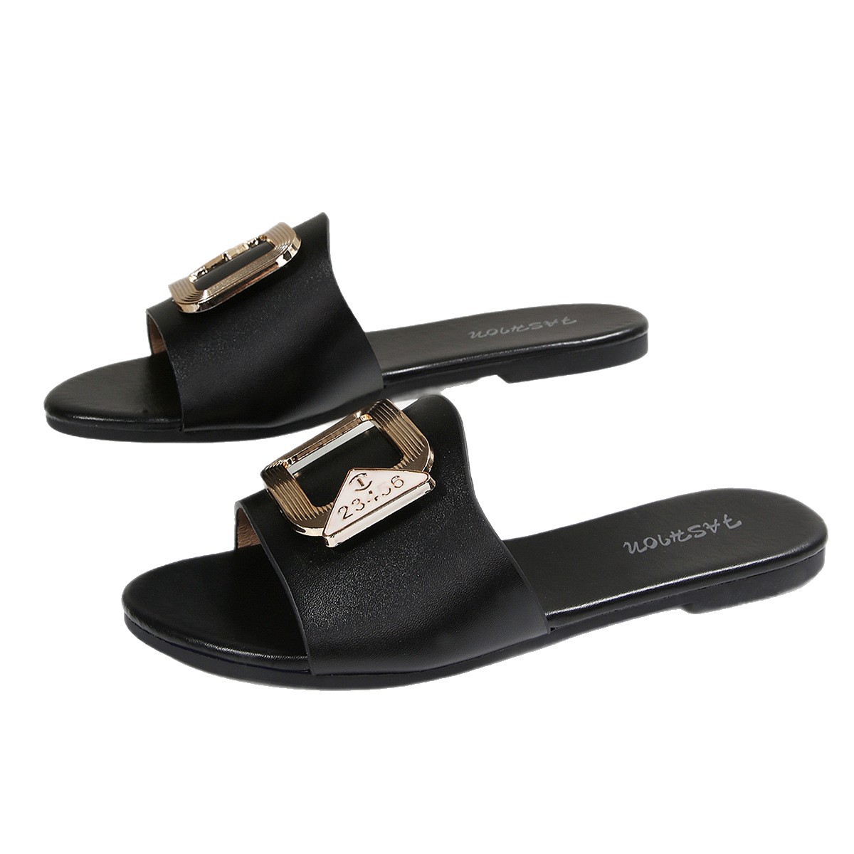 Sandalias Planas de Punta Redonda para Mujer de Cuero Sintético con Hebilla Decorativa, Color Sólido, para Uso Casual image 5
