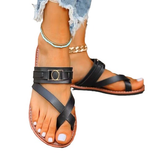 Export large size flat bottom slippers 2025 new style European and American wear toe pure color Roman fish mouth slippers 