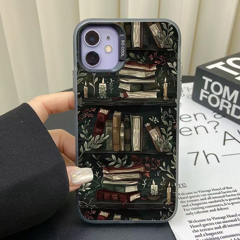 Retro Bookshelf Suitable for Apple 17 Color Silver Iphone16Pro Creative 15/14Promax Frosted 13 Protective Case