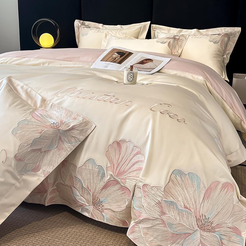 Light Luxury Class a Skin-Friendly Cotton Floral Embroider Four-Piece Set with Rounded Corners Bed Bed Sheetss, Embroidered Quilt Covers, Pillowcases, Four-Season Bedding