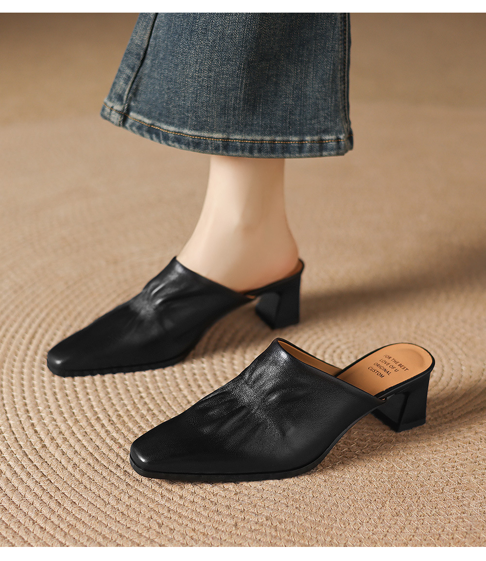 Sandal nữ bít mũi hở gót cao gót thô 5 cm, da bò mùa xuân hè — đen chi tiết 7