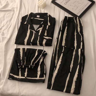 High-End Pajamas for Women Summer Short-Sleeved Stripesd Three-Piece Cardigan Can Be Worn Outside 2024 Spring & Fall Home Wear Set