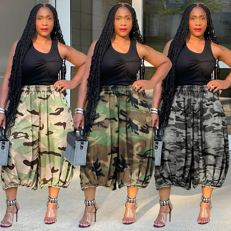 S391443 European and American Cross-Border Women's Fashion Camouflage Print Casual Jeans Elastic Waist Straight Cropped Pants