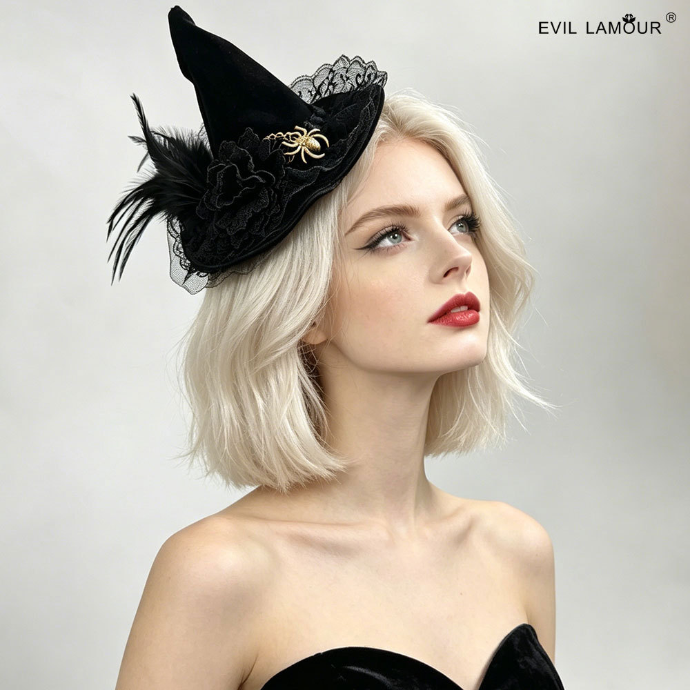 Wizard Hat Halloween Party Spider Top Hat Headwear Retro Feather Evening Dress Hair Accessory Fj-57-1