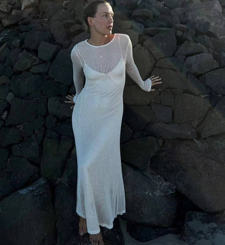 2023 Mesh European and American Style Beach Vacation Sexy Long Skirt Knitted Cut Out Long Dress Blouse Summer Women