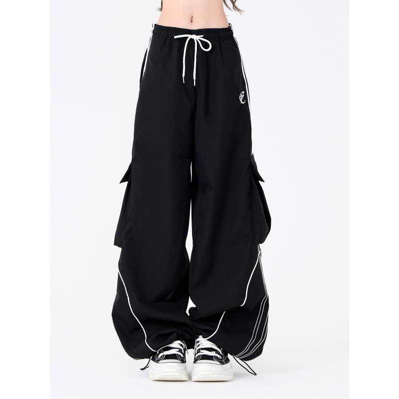 Hip-hop Black Drawstring Wide-leg Loose Casual Workwear Pocket Sports Pants Women's Spring Fashion Brand Hip-hop Pants
