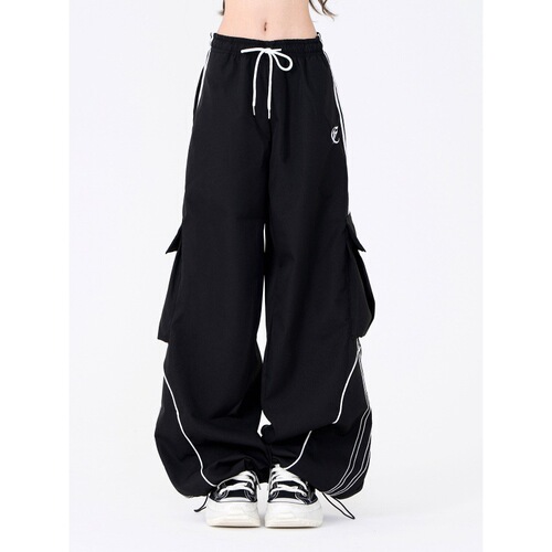 Streetwear Black Rope Drawstring Wide Leg Loose Casual Work Pants with Pockets for Women Spring Trend Brand Hip-Hop Floor-Length Pants