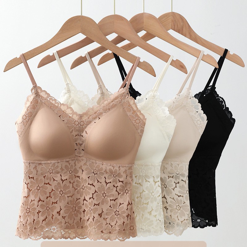 Fengzhixin French Lace Camisole Women's Outer Wear with Breast Pads Long Seamless Liquid Foundation Invisible Tube Top