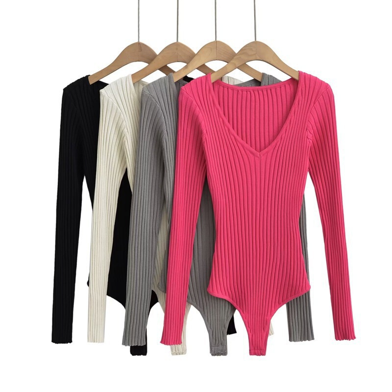 2023 autumn and winter New sexy low-cut V-neck long-sleeved sweater European and American style hot girl Stretch Slim jumpsuit