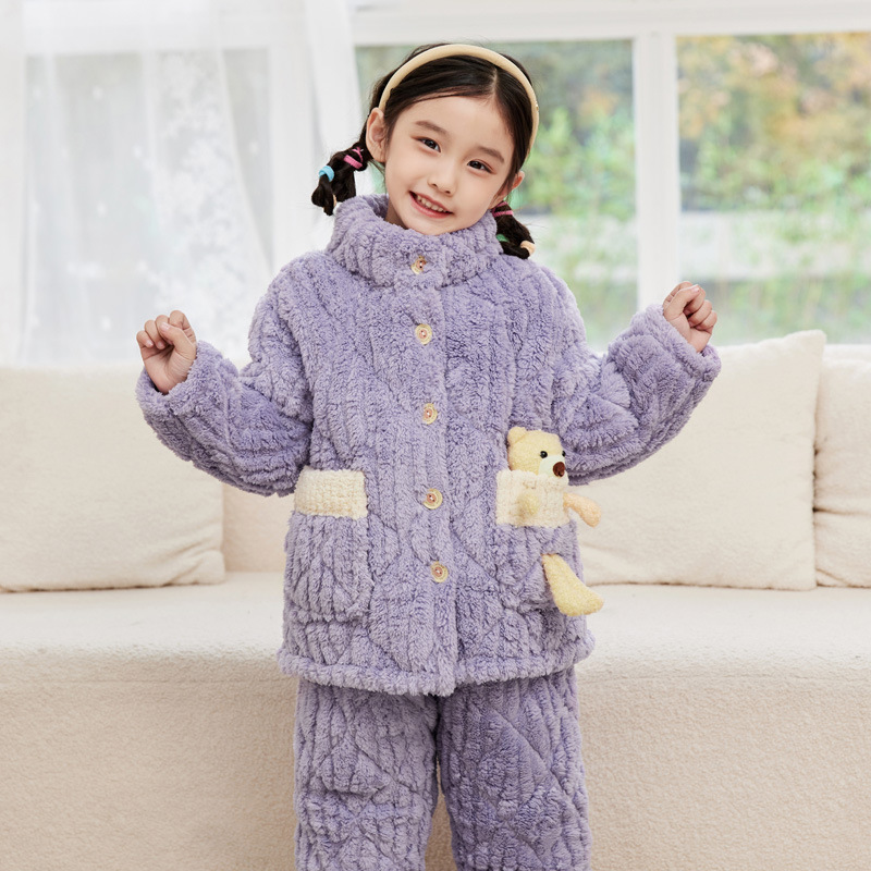 Autumn and Winter children's pajamas flannel three-layer thickened quilted suit baby boys' and girls' warm homewear
