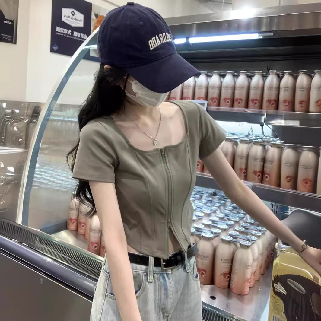 韓國2024夏季韓版修身方領雙拉鏈設計感短袖新品T恤女裝辣妹上衣