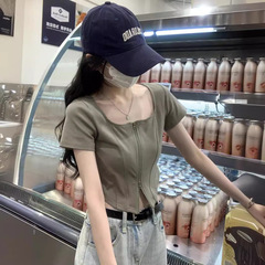 Korean 2024 Summer Slim Fit Square Collar Double Zipper Design Short Sleeve New Women's T-Shirt Hot Girl Top
