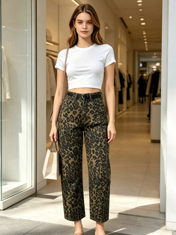 Jeans Barrel con Estampado de Leopardo para Mujer, Mezclilla 100% Algodón, Sin Elasticidad, Cintura Alta