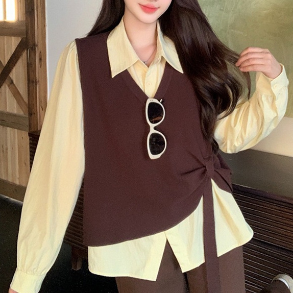 胖大码女休闲减龄针织马甲背心衬衣两件套72044马甲+23081衬衣|undefined