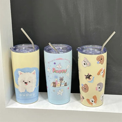 Korean style cartoon puppy thermos cup with good looks 304 stainless steel water cup high temperature resistant portable straw cup coffee cup