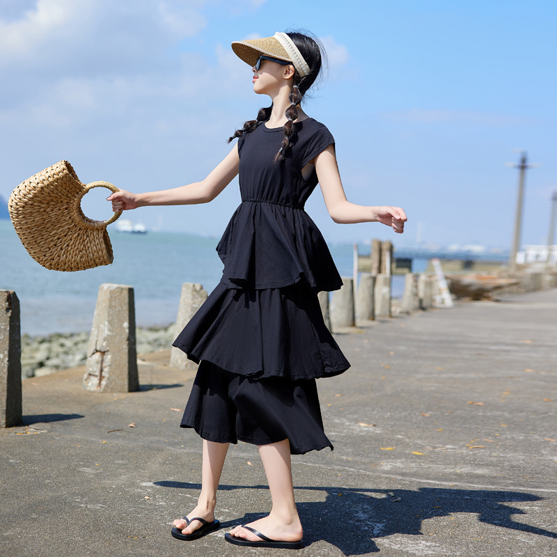 Ropa de estilo japonés para niños vestido negro de verano para niñas 2024 nueva falda de pastel para niños vestido de princesa para niñas de longitud media