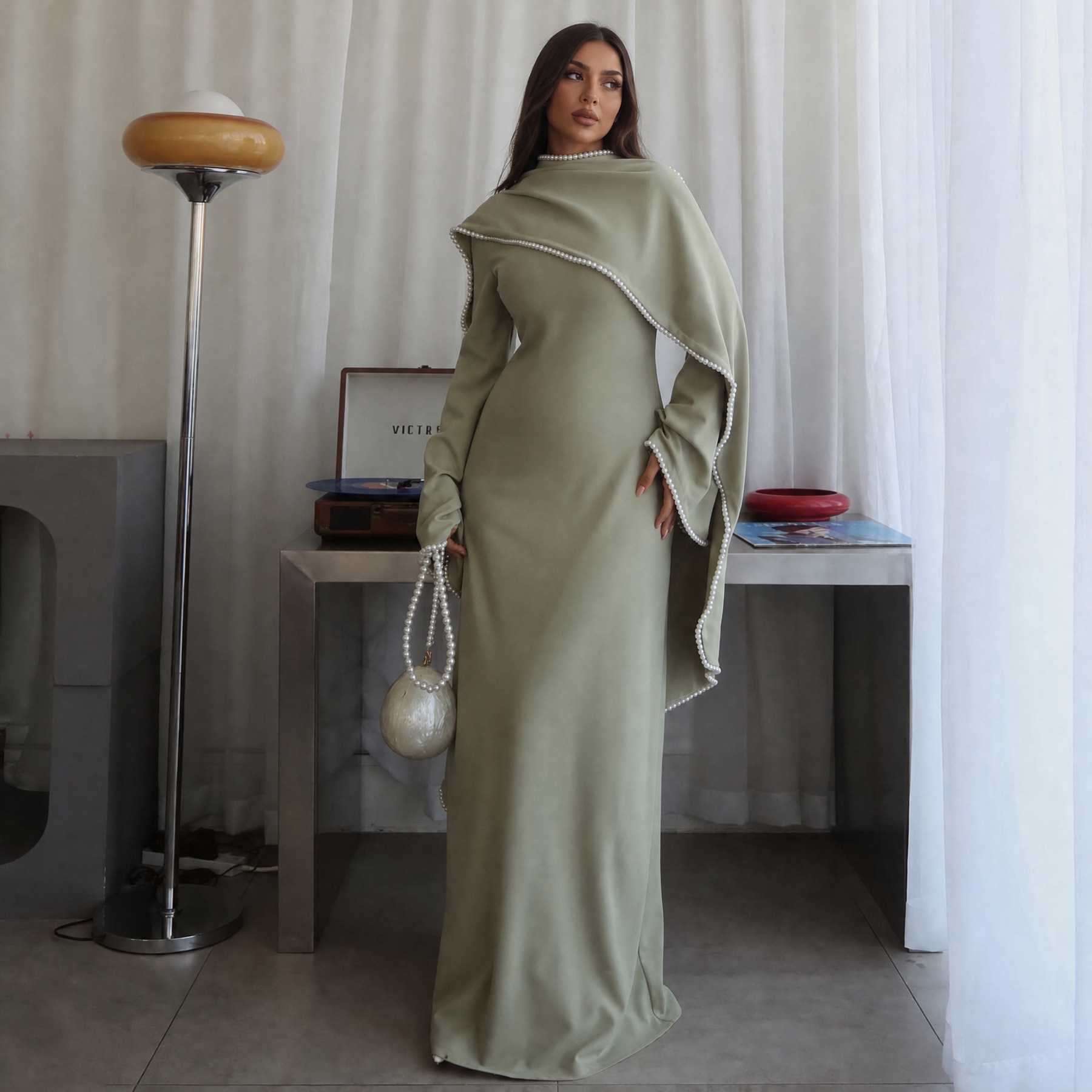 Actual Photos Taken by Ai Yirui, Beaded Shawl + Long-Sleeved Dress Lr1167