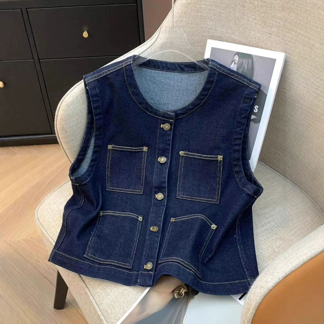 Ретро с круглым вырезом джинсовый жакет женский весной и осенью дикий свободный повседневный жилет без рукавов
