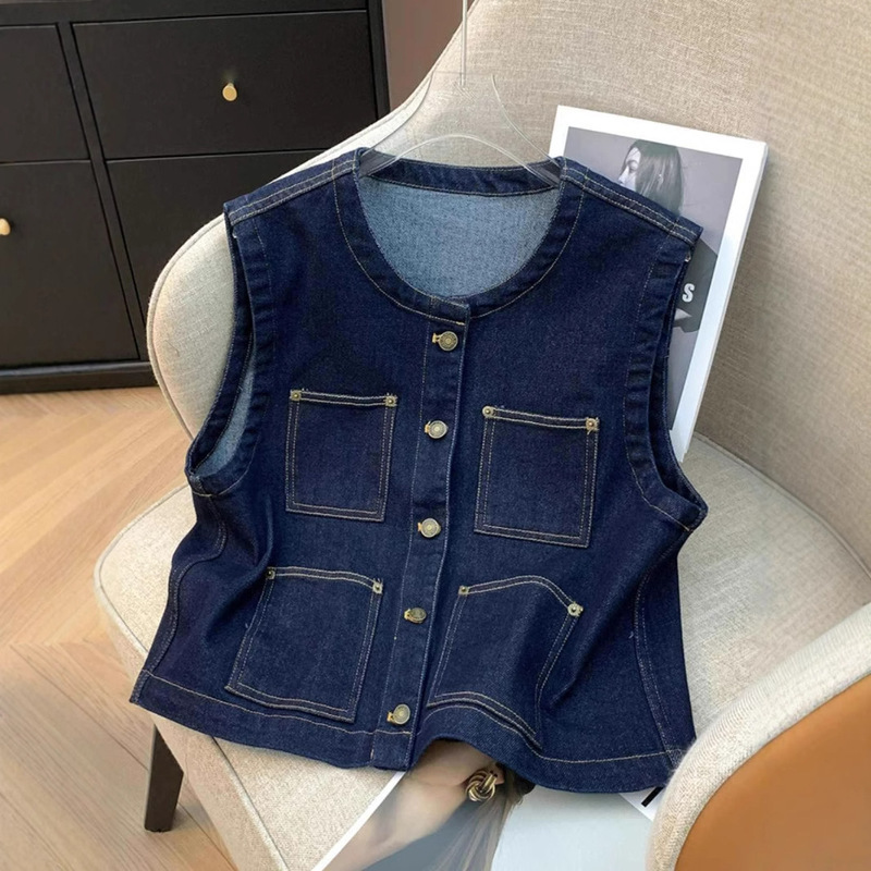 Vintage Crewneck Denim Vest Women's Spring and Autumn All-match Loose Casual Sleeveless Vest Waistcoat Fashionable Vest Vintage Crewneck Denim Vest Women's Spring and Autumn All-match Loose Casual Sleeveless Vest Waistcoat Fashionable Vest