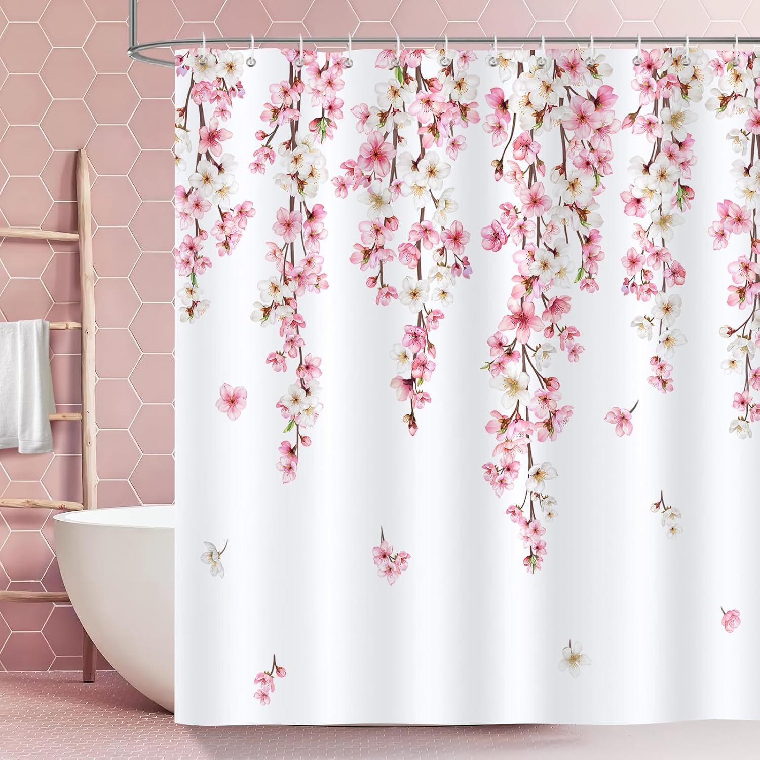 Suministro transfronterizo de cortinas de ducha con diseño de flor de cerezo rosa, cortinas de baño japonesas con diseño floral de primavera, textiles de baño de tela de poliéster