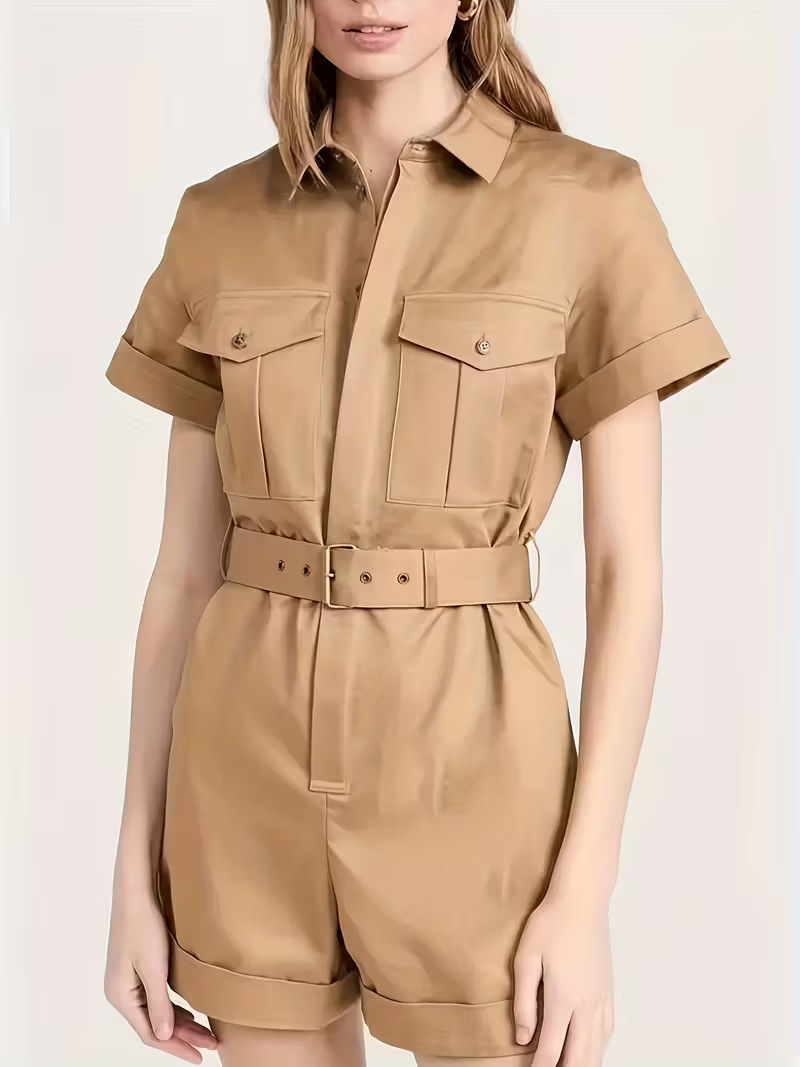 Stylish Women's Belted Jumpsuit With Pockets And Collared Shorts_voghion.com