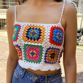祖母格大方块撞色吊带衫女2022新款美式花边修身手工外穿针织背心