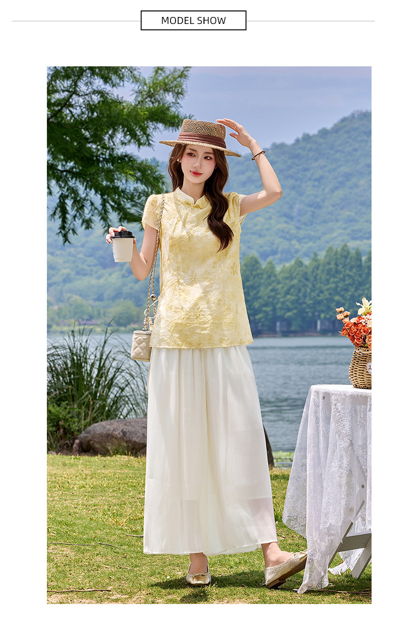 Bộ áo sơ mi cổ đức in họa tiết kết hợp quần dài hai mảnh nữ thời trang — Xanh lá cây nhạtcolor, Vàng nhạt chi tiết 11