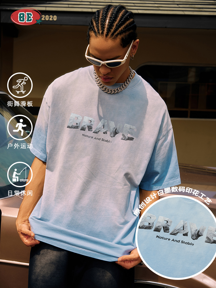 BE ropa de hombre de verano 2025 marca de moda americana pesada teñida con agua lavada para hacer viejas camisetas de estilo callejero letras de manga corta camisetas para hombres