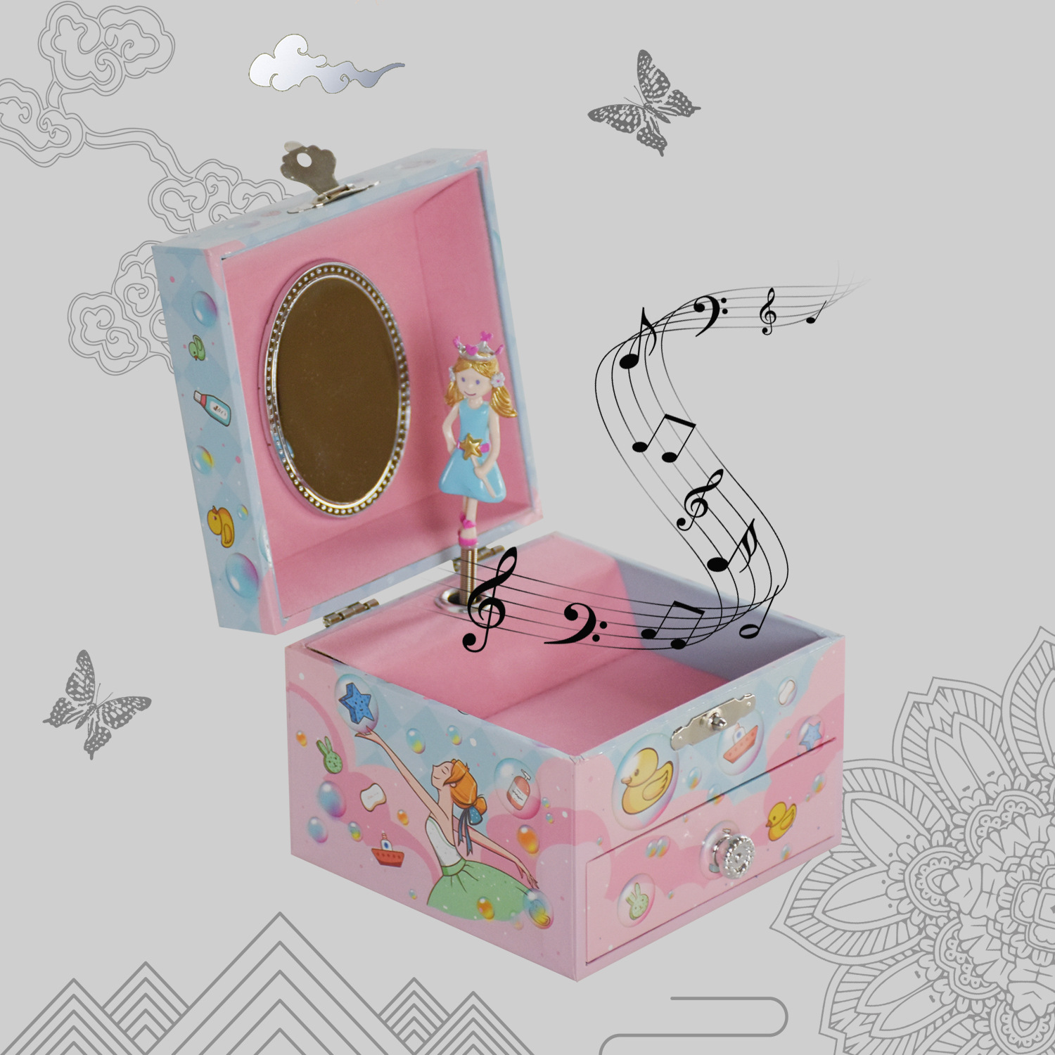 Caja de joyería musical transfronteriza, caja de música popular giratoria de madera para niña, regalo de juguete para niños FXC-B