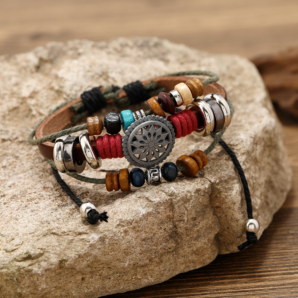 1 Piece Quantity Daily Occasion Retro Geometric Alloy Wooden Beads Cowhide Handmade Unisex Bracelets