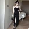 Sexy suspender low cut waist high slit wrap buttocks dress long skirt