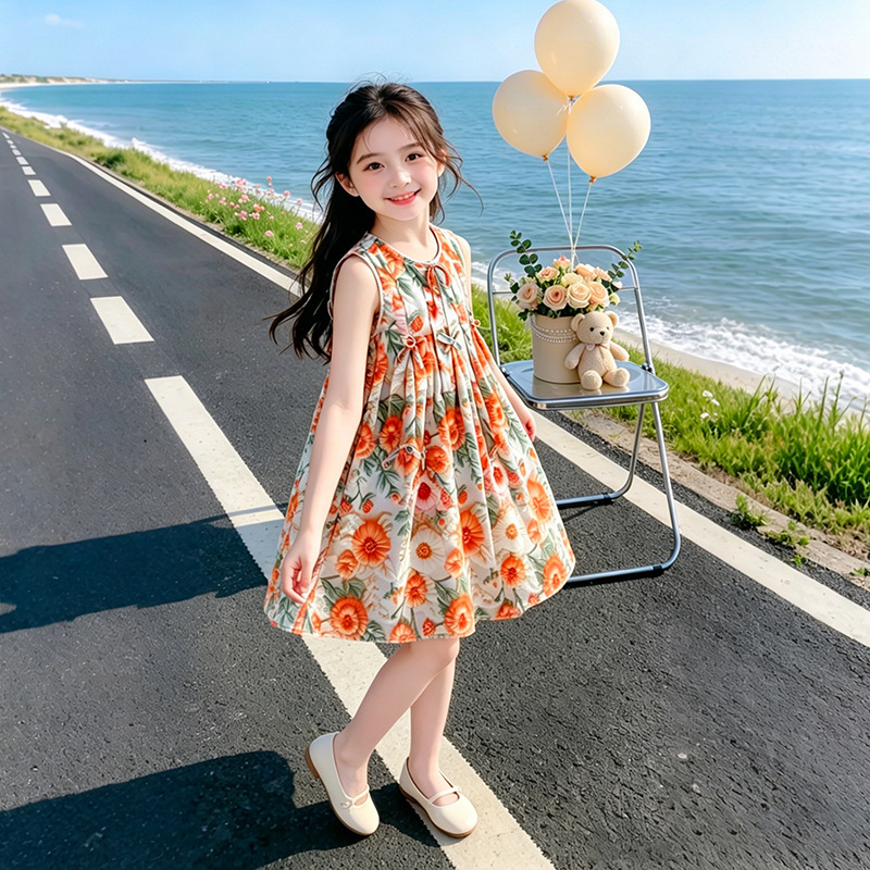 Girls' Floral Dress Summer 2026 New Children's Beach Dress Summer Outfit for Girls Thin Stylish Tank Dress Girls' Floral Dress Summer 2026 New Children's Beach Dress Summer Outfit for Girls Thin Stylish Tank Dress
