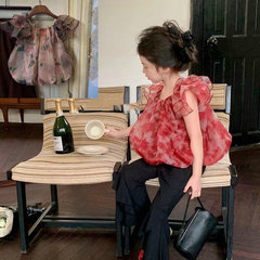 女童套裝絲滑細紗超柔花苞飛袖上衣加側開口個性喇叭褲24夏裝新款