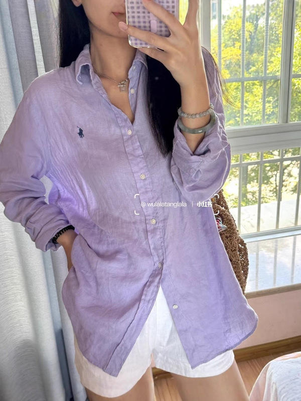 高版本RL拉夫亚麻衬衫经典休闲百搭风小马刺绣长袖衬衣男女同款|undefined