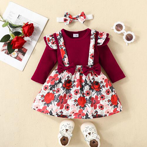 Foreign trade infant pit strip long-sleeved triangular suit one-piece suit bow strap skirt plant flower suit skirt series