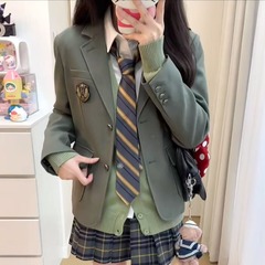 韓系学院風JK制服ゆるいニットカーディガンスーツのコート腰の高い格子のスカートのスーツの女性