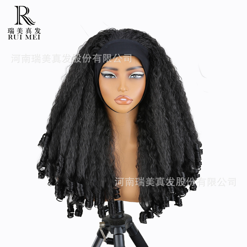 Chemical Fiber Machine-Made Long Curly Wig with Bandage, Lace-Free Wig, Black Wig Suitable for Beginners