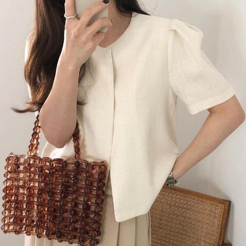 South Korean chic summer French minimalist niche minimalist puffed sleeve two-button round neck loose cardigan jacket top for women