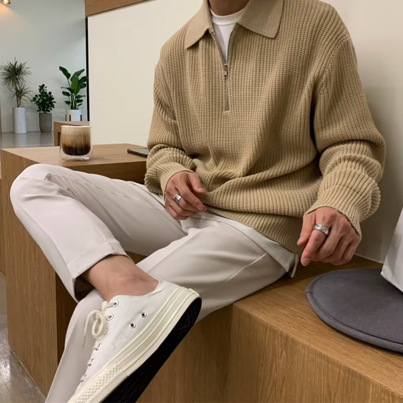 Men's Japanese Inspired Half-zip Knit Sweater Oversized Pullover_voghion.com
