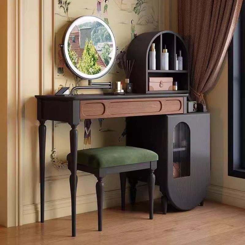 French Mid-Century Style Princess House Dressing Table Small Apartment Retro Multi-Functional Storage Table Ash Wood Telescopic Dressing Table