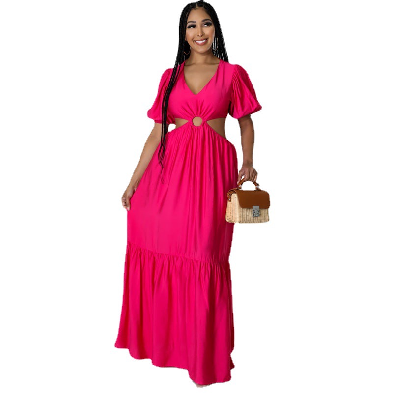 Primavera y verano fuera de hombro grande swing temperamento cercanías color sólido Hong Kong estilo sexy vestido ropa de mujer