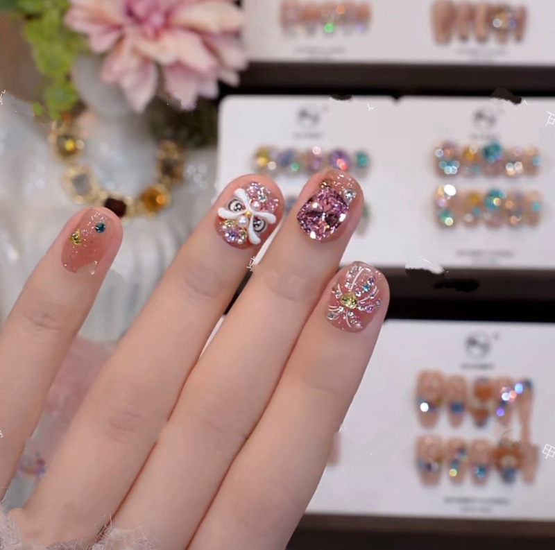 【Fortune Awakening】Purely Handmade Wearable Nails with Sparkling Diamond Balls, Finished Product with a High-End Feel, Enhances Fairness, Pure Handmade Nail Stickers