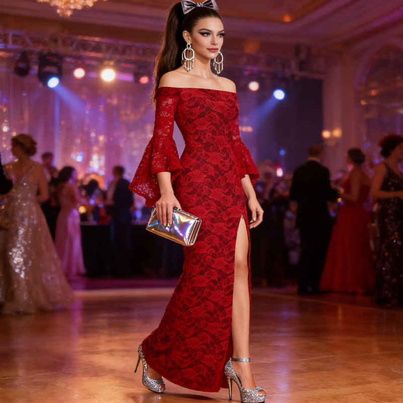 European and American Cross-Border Women's Clothing Amazon Slit Long Dress Fishtail Dress Cocktail Party Lace Bridesmaid Dress Banquet Evening Dress European and American Cross-Border Women's Clothing Amazon Slit Long Dress Fishtail Dress Cocktail Party Lace Bridesmaid Dress Banquet Evening Dress