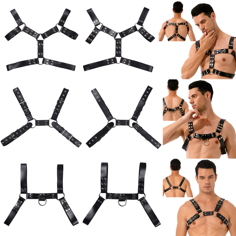 Sex toys men's leather adjustable binding clothes sexy fitness muscle men's shoulder strap chest strap