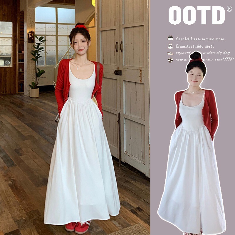 Temperament waist slimming white long skirt French first love feeling small white skirt suspender A- line skirt Hepburn style small black skirt