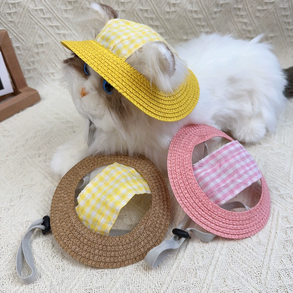 Соломенная шляпа для домашних животных с открытыми ушками, дышащая солнцезащитная шляпа, соломенная шляпа с пустым верхом для защиты от солнца, дорожная шляпа из рафии, солнцезащитная шляпа
